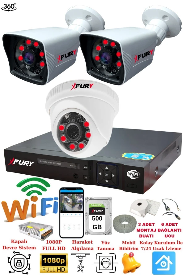 FURY 3 Kameralı 5mp 3.6mm Lens 2mp Görüntü 6 Atom Led Gece Görüşlü FullHd Güvenlik Kamerası 5525di 500GB ürün görseli 1