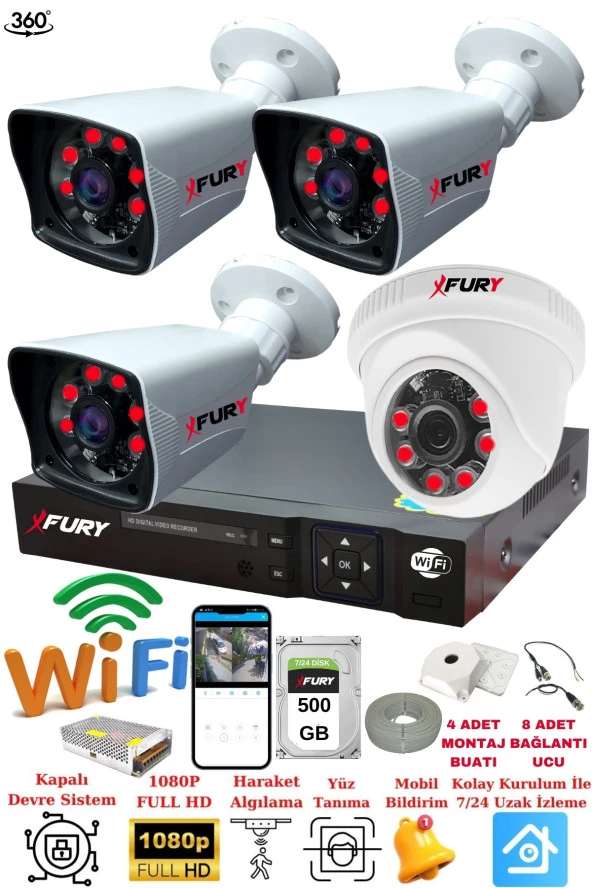 FURY 4 Kameralı 5mp 3.6mm Lens 2mp Görüntü 6 Atom Led Gece Görüşlü FullHd Güvenlik Kamerası 5525di 500GB ürün görseli 1