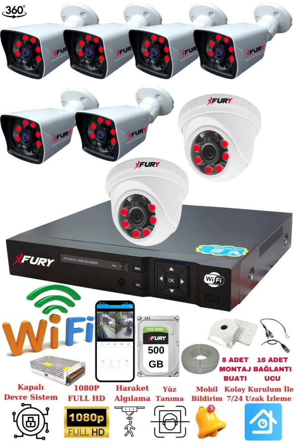 FURY 2 İç 6 Dış Kameralı 5mp Lens 2mp Görüntü Gece Görüşlü Full Hd Güvenlik Kamerası 14125525 500 GB ürün görseli 1