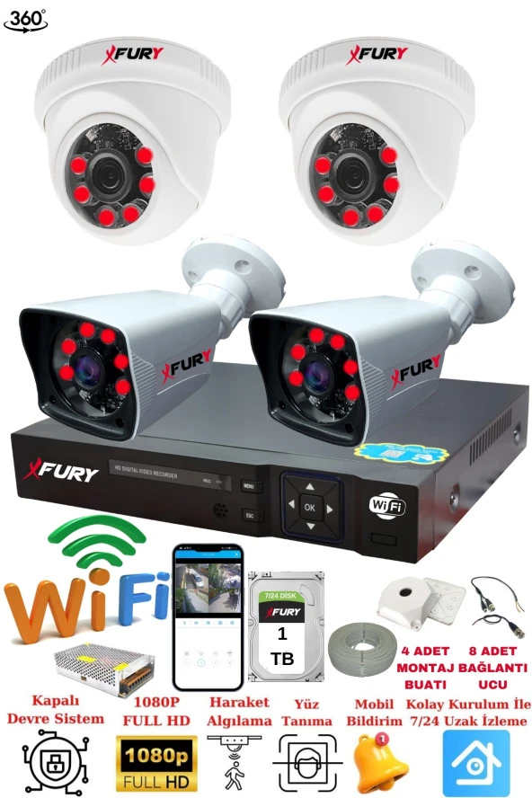 FURY 4 Kameralı 5mp 3.6mm Lens 2mp Görüntü 6 Atom Led Gece Görüşlü Full Hd Güvenlik Kamerası 251412 1 TB ürün görseli 1