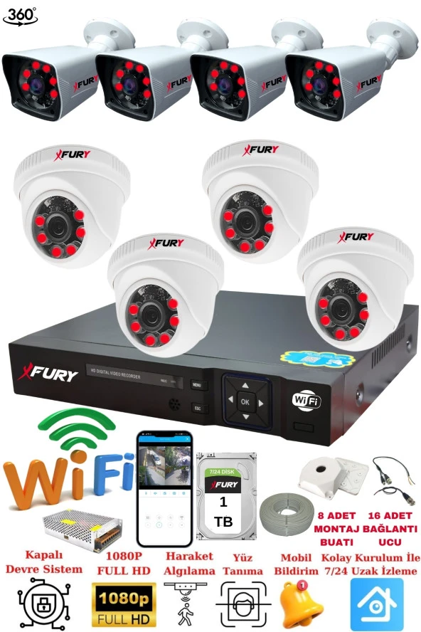 FURY 4 İç 4 Dış Kameralı 5mp Lens 2mp Görüntü Gece Görüşlü Full Hd Güvenlik Kamerası 14125525 1 TB ürün görseli 1