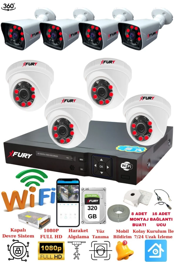 FURY 4 İç 4 Dış Kameralı 5mp Lens 2mp Görüntü Gece Görüşlü Full Hd Güvenlik Kamerası 14125525 320 GB ürün görseli 1