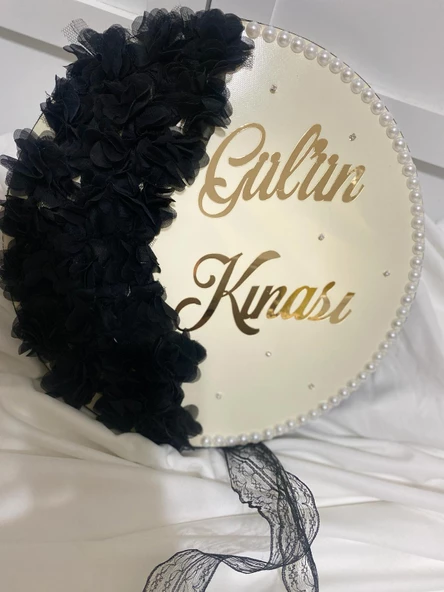 Gelin Tefi Siyah gold pleksi isimli inci ve taş detaylı gelin tefi ürün görseli 1