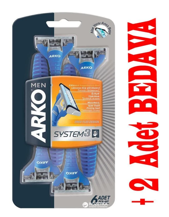 Arko Men Tıraş Bıçağı Sistem3  6 + 2 Adet Hediyeli 8 li Paket Blister ürün görseli 1