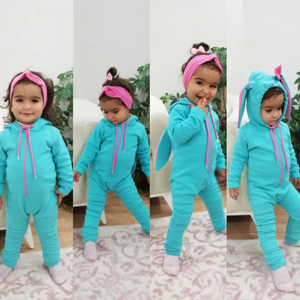 MODAVALS TAVŞAN KULAKLI KAPİŞONLU KIZ BEBEK TULUM - TURKUAZ 6-9 AY ürün görseli 1