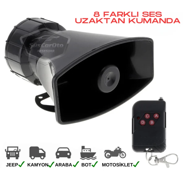 Her Araca Uyumlu Üniversal Uzaktan Kumandalı Siren 8 Farklı Siren Sesi Korna Güçlü Polis Sireni 12V 100W ürün görseli 1