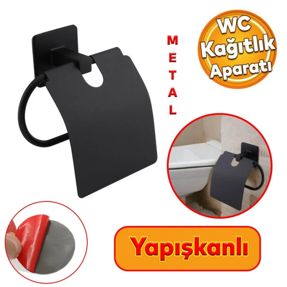 Tuvalet Kağıtlık Yapışkanlı Kapaklı Aparat WC Kağıt Standı Paslanmaz Metal Sağlam Siyah Estetik ürün görseli 1