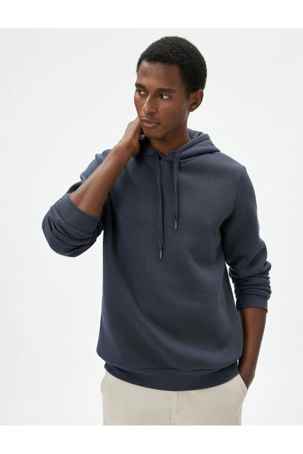 Basic Kapşonlu Sweatshirt Uzun Kollu Ribanalı ürün görseli 1