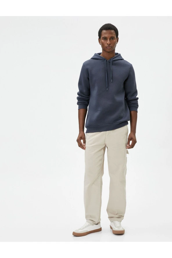 Basic Kapşonlu Sweatshirt Uzun Kollu Ribanalı - Resim 2