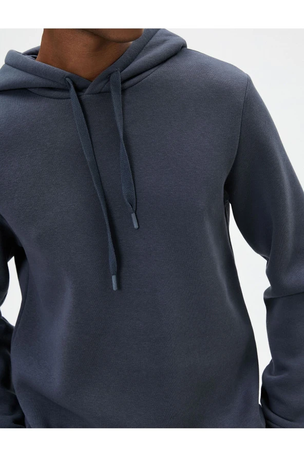 Basic Kapşonlu Sweatshirt Uzun Kollu Ribanalı - Resim 5
