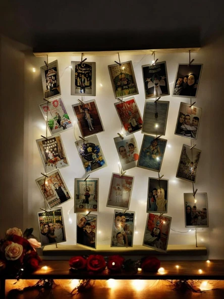 Mandallı İpli Işıklı Fotoğraf Askısı, Ledli Anı Duvarı, Ahşap Fotoğraf Çerçevesi ürün görseli 1