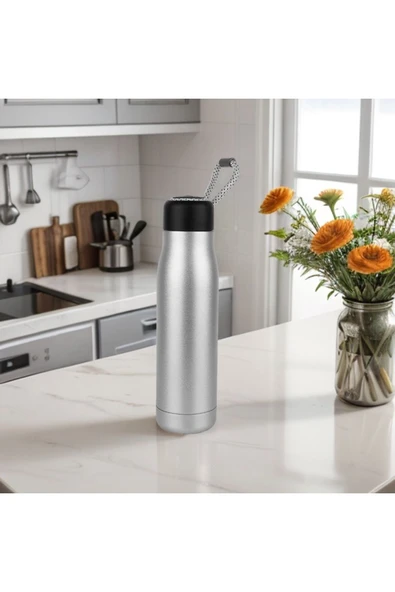 Paslanmaz Çelik 600 Ml Termos Mug Taşıma İpli SIcak ve Soğuk Muhafazalı Mug Kamp Piknik Spor ürün görseli 1