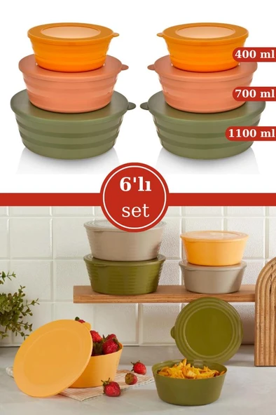 6 Adet Kapaklı Erzak Saklama Kabı, Kase Çerezlik Kahvaltılık 3 Boy 6’lı Set 2x(400ml,700ml,1100ml) ürün görseli 1