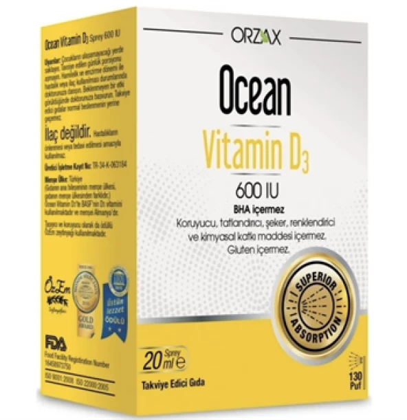 Orzax Ocean Vitamin D3 600 IU Sprey 20 ML ürün görseli 1