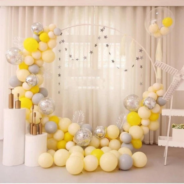 Sarı Makaron Gümüş Krom Konfetili Balon Zincir Seti ürün görseli 1