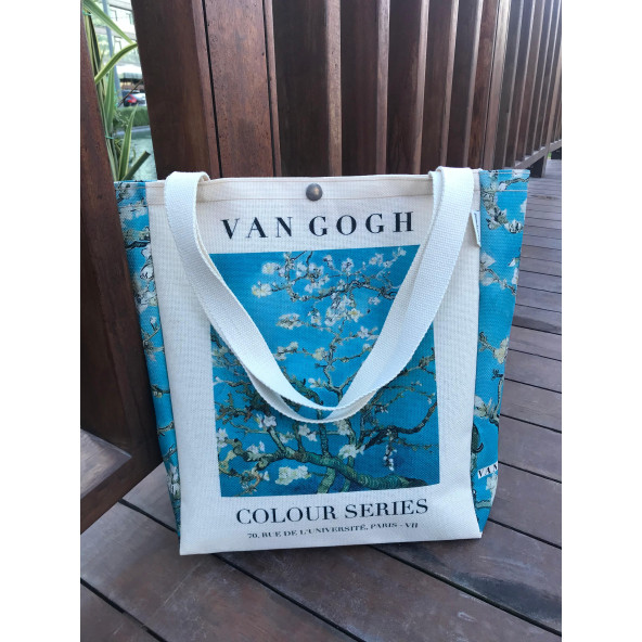 Van Gogh Badem Çiçeği Kanvas Bez Çanta Yıkanabilir Çıtçıtlı Cepli ürün görseli 1