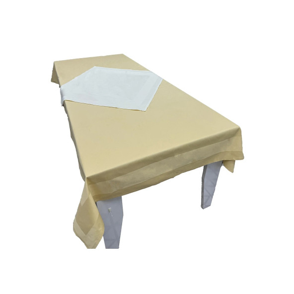 Krem 80cmx80cm ve Sarı 140cmx240cm Çift Kat Pamuklu Atlas Kenarlı Masa Örtüsü 2 li Set ürün görseli 1