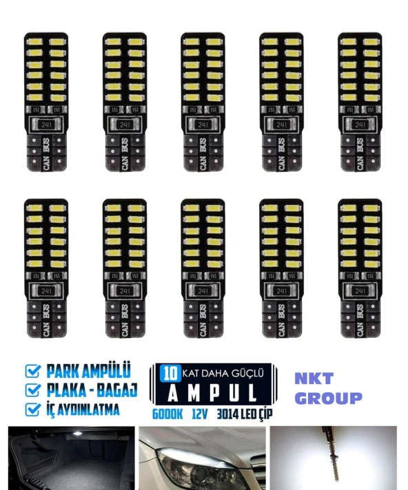 T10 Dipsiz W5w Canbus 24 Ledli Beyaz Park Plaka Ampulü (10 Adet) ürün görseli 1