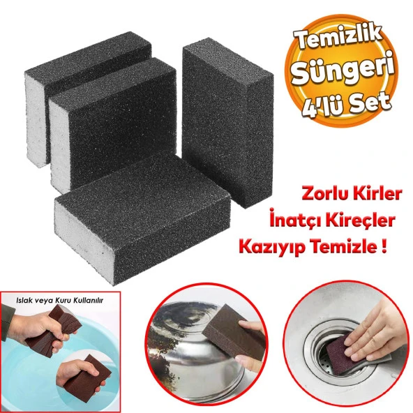 Banyo Wc Lavabo Taşı Mutfak Evye Musluk Kireç Yağ Kir Kazıma Temizleme Islak Kuru Sünger 4Lü SET ürün görseli 1