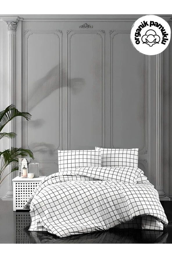 Lotusline Home Minikaro Siyah Beyaz Tek Kişilik Pamuklu Nevresim Seti Çarşafsız ürün görseli 1