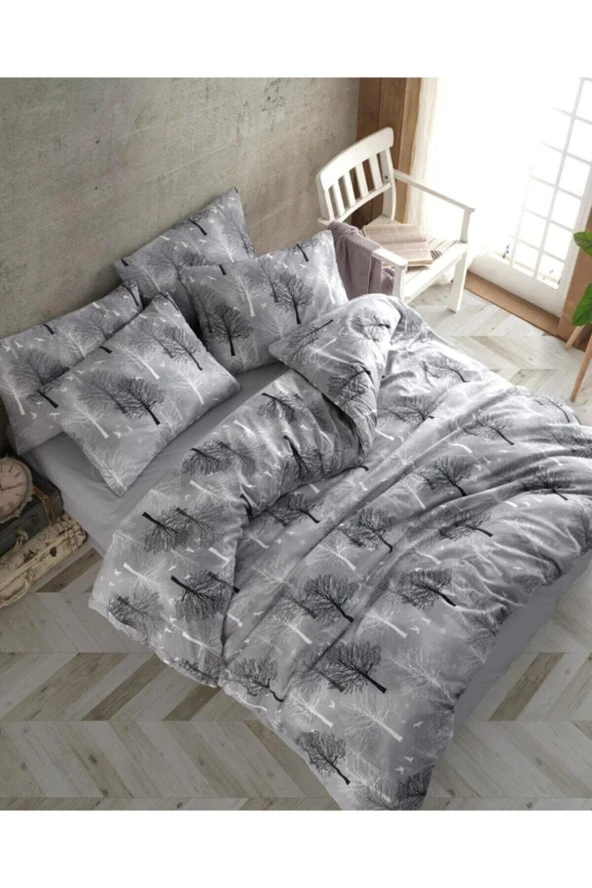 Lotusline Home Gri Çift Kişilik Ağaç Desen Lüks Pamuklu Nevresim Takımı - Seti ürün görseli 1