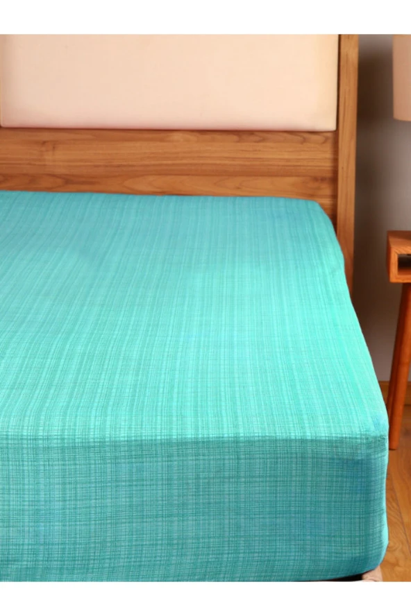 Lotusline Fırça Desen Ranforce Lastikli Fitted Çarşaf Takımı Tek Kişilik Yastıklı Su Yeşili 120x200 ürün görseli 1
