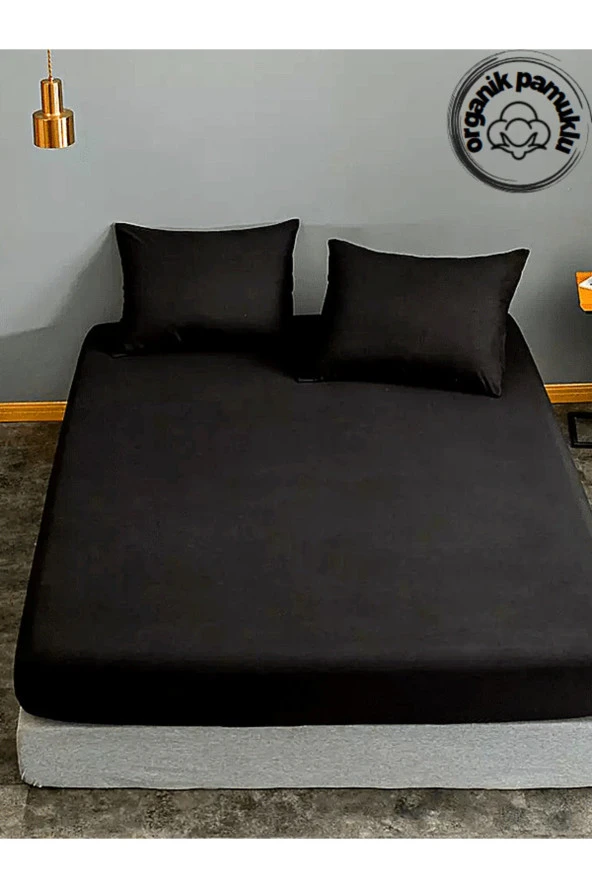 Lotusline Tek Kişilik Lüks Pamuklu 100*200 Lastikli Kumaş Çarşaf Takımı Yastıklı - Siyah. ürün görseli 1