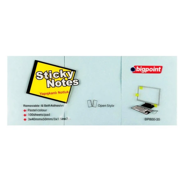 Bigpoint Yapışkanlı Not Kağıdı 3 Lü 40 mm x 50 mm Mavi (4 Lü Paket) ürün görseli 1