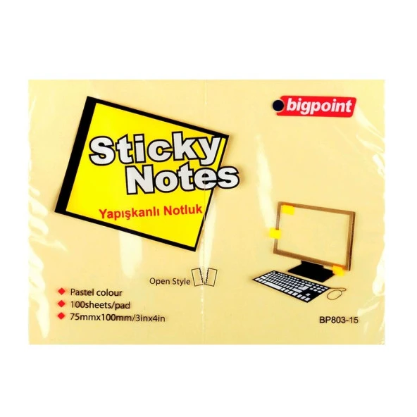 Bigpoint Yapışkanlı Not Kağıdı 75 mm x 100 mm Sarı 100 Yaprak (12 Li Paket) ürün görseli 1