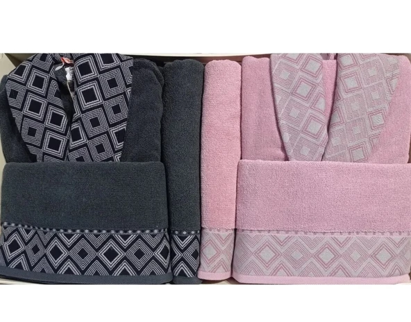 Özdilek Pamuklu 6 Parça Aile Bornoz Seti-Snazzy Antrasit Pembe ürün görseli 1