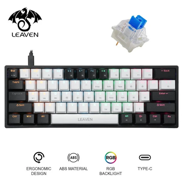 Valkyrie Leaven K620 Blue Switch Mekanik Gaming Oyun Klavyesi RGB 61 Key Mavi Tuş Type-C Klavye Siyah Beyaz k620 ürün görseli 1