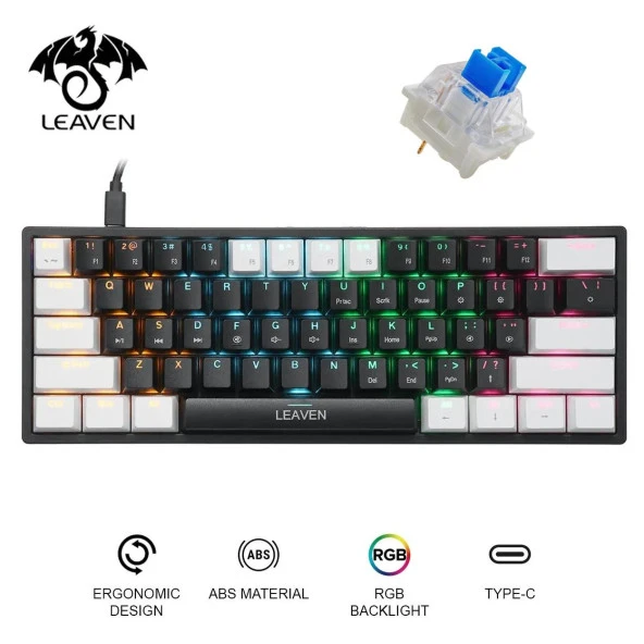Valkyrie Leaven K620 Blue Switch Mekanik Gaming Oyun Klavyesi RGB 61 Key Mavi Tuş Type-C Klavye Beyaz-Siyah ürün görseli 1