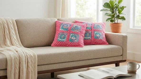 El Örgüsü Motifli Pembe Dekoratif Yastık (1 Çift) ürün görseli 1