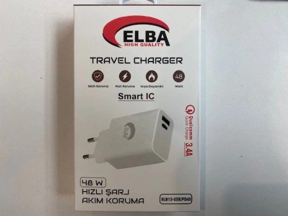 Elba ELB13 Elb-48w 3.4A USB-Pd48 (Usb+Type-C) Akıllı Koruma- Isıya Dayanklı Hızlı Şarj Ev Şarj Kafa ürün görseli 1