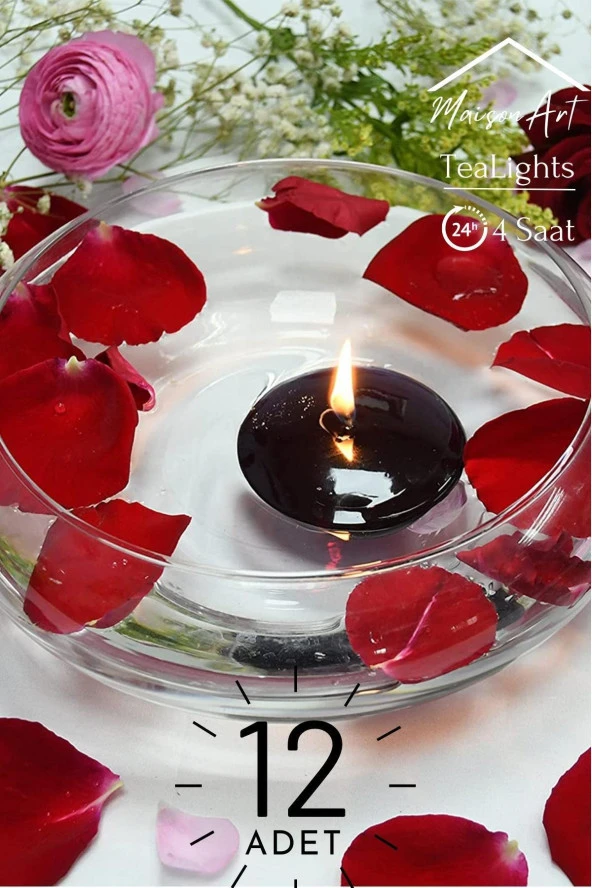 Float | Siyah 12 Adet Yüzen Mum | 4 Saat Yanan Tea Light Mum | Kokusuz Terapi Mumu ürün görseli 1