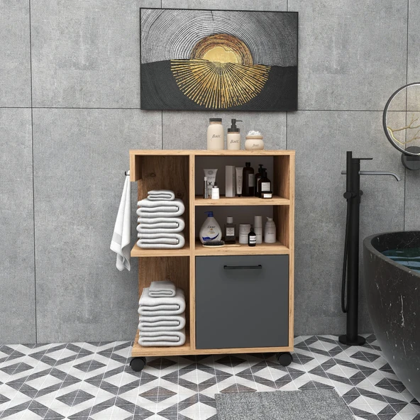 Arnetti Rebusa Banyo Mutfak Dolabı 4 Raflı Tekerlekli Çok Amaçlı Dolap, Ayakkabılık, Atlantik Çam Antrasit ürün görseli 1