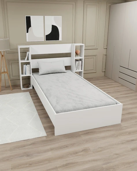 Arnetti Smart Tek Kişilik Başlıklı Raflı 90x190 Yatak Uyumlu Karyola Beyaz ürün görseli 1
