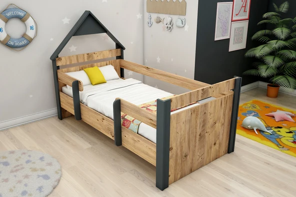 Arnetti Valerin Karyola Çocuk Montessori Karyola Atlantik Çam Antrasit (GİRİŞ SAĞ VE SOL OLARAK KURULABİLİR) ürün görseli 1