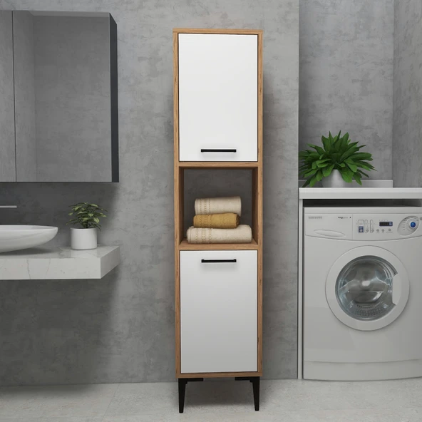 Arnetti Banyo Dolabı 2 Kapaklı 5 Raflı Çok Amaçlı DAMİNOL Banyo Dolabı Atlantik Çam Beyaz ürün görseli 1