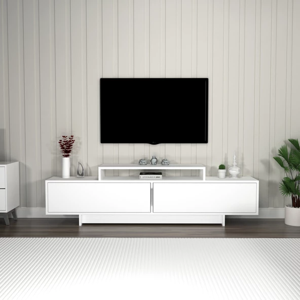 Arnetti Grasyas Modern Tasarım TV Sehpası - Beyaz 2 Kapaklı, 180cm Geniş Dekoratif Ünite ürün görseli 1
