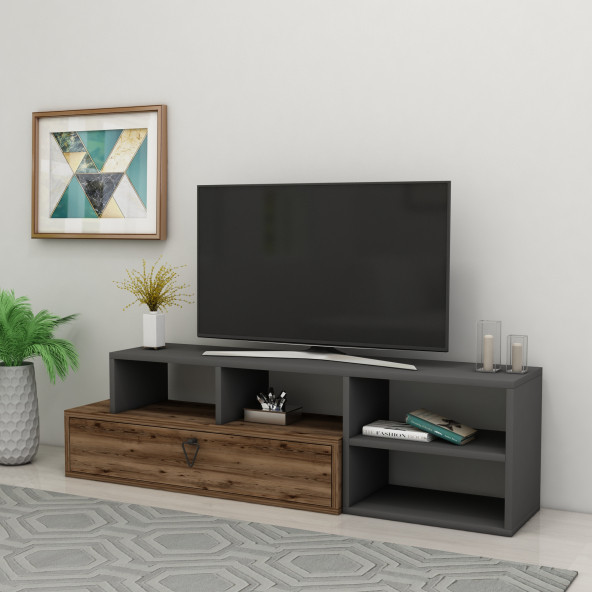 Arnetti Duru Modern Tasarım TV Ünitesi, Kapaklı ve Raflı Ceviz Antrasit Renkli ürün görseli 1