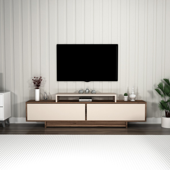 Arnetti Grasyas Modern Tasarım TV Sehpası - Ceviz Bej, 2 Kapaklı, 180cm Geniş Dekoratif Ünite ürün görseli 1