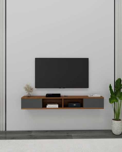 Arnetti Mayer TV Sehpası, Duvara Monte Raflı  Televizyon Sehpası, Ceviz Antrasit ürün görseli 1