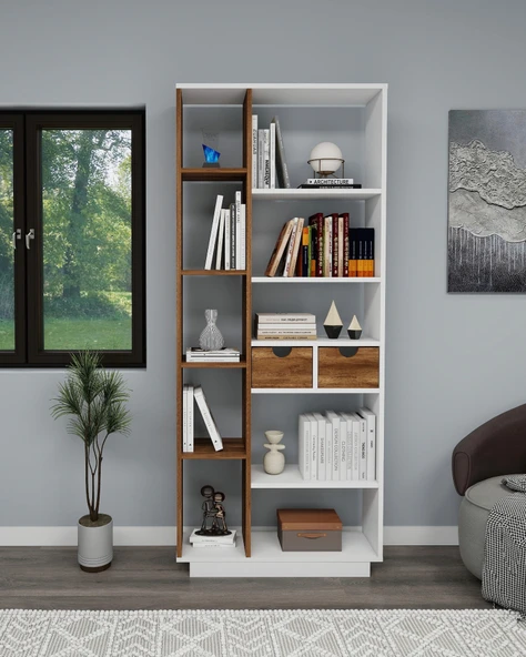 Arnetti Luma 10 Bölmeli 2 Dolaplı Modern Kitaplık Beyaz Ceviz - Luma ürün görseli 1