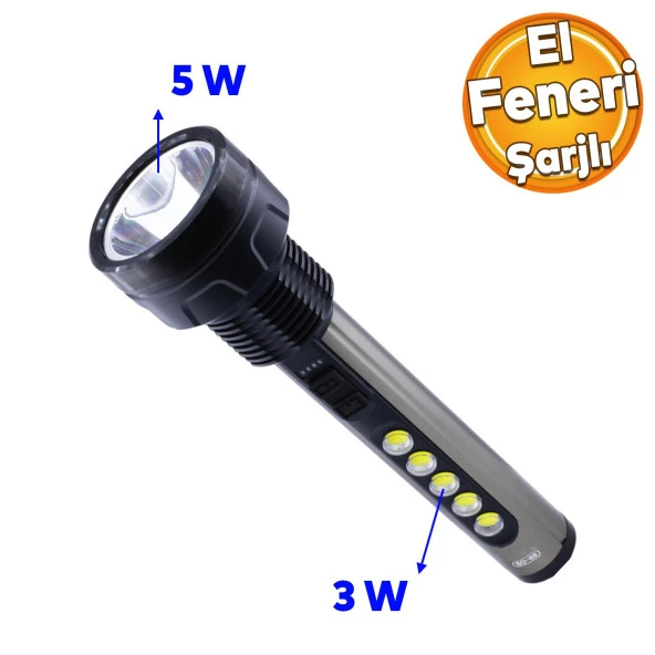 El Feneri Şarjlı Led Işıldak Kamp Lambası Gece Aydınlatma 5 W + 3 W Beyaz Işık 1800 mAh ürün görseli 1