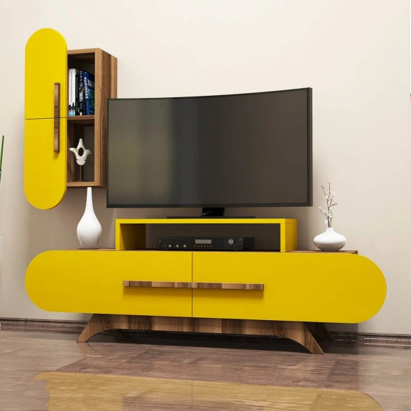 Variant Mobilya Rose Duvar Raflı Tv Ünitesi - Ceviz / Sarı ürün görseli 1