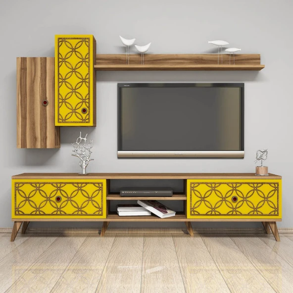 Variant Mobilya Class Duvar Raflı Tv Ünitesi - Ceviz / Sarı - Resim 4