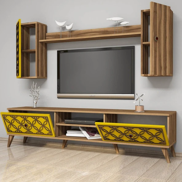 Variant Mobilya Class Duvar Raflı Tv Ünitesi - Ceviz / Sarı - Resim 5