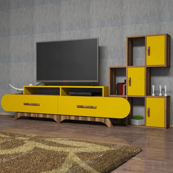 Variant Mobilya Flora Duvar Raflı Tv Ünitesi - Ceviz / Sarı ürün görseli 1