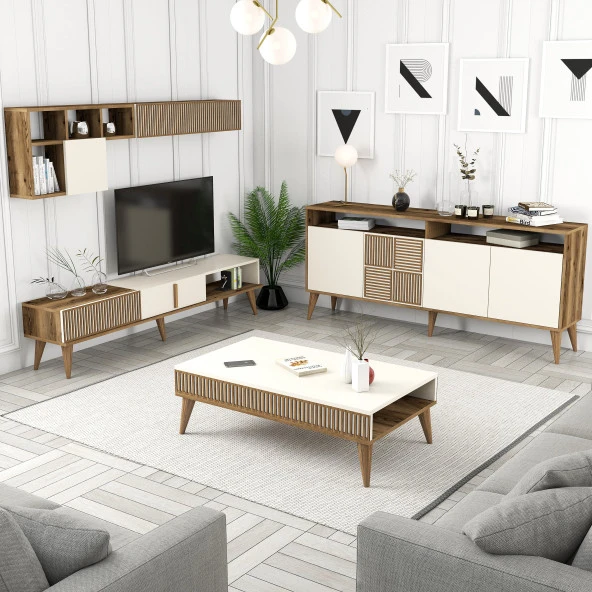 Variant Mobilya Milan 3 Lü Salon Takımı - Ceviz / Krem ürün görseli 1